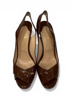 Christian Louboutin Brown Patent Slingback Peep-Toe Pumps - Glossy Chocolate